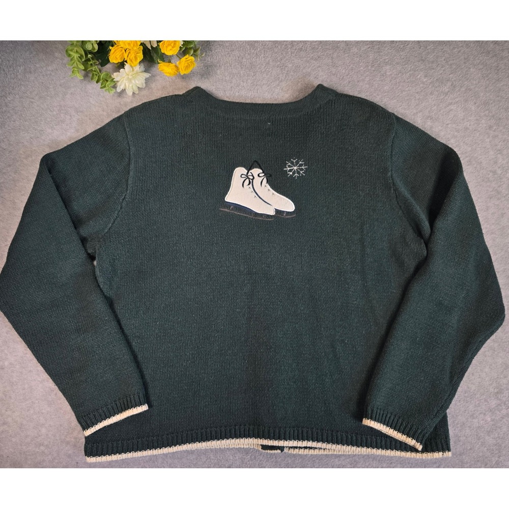 Vtg Christopher & Banks Green Ice Skating Cats Cardigan Sweater Embroidered M - Picture 9 of 13